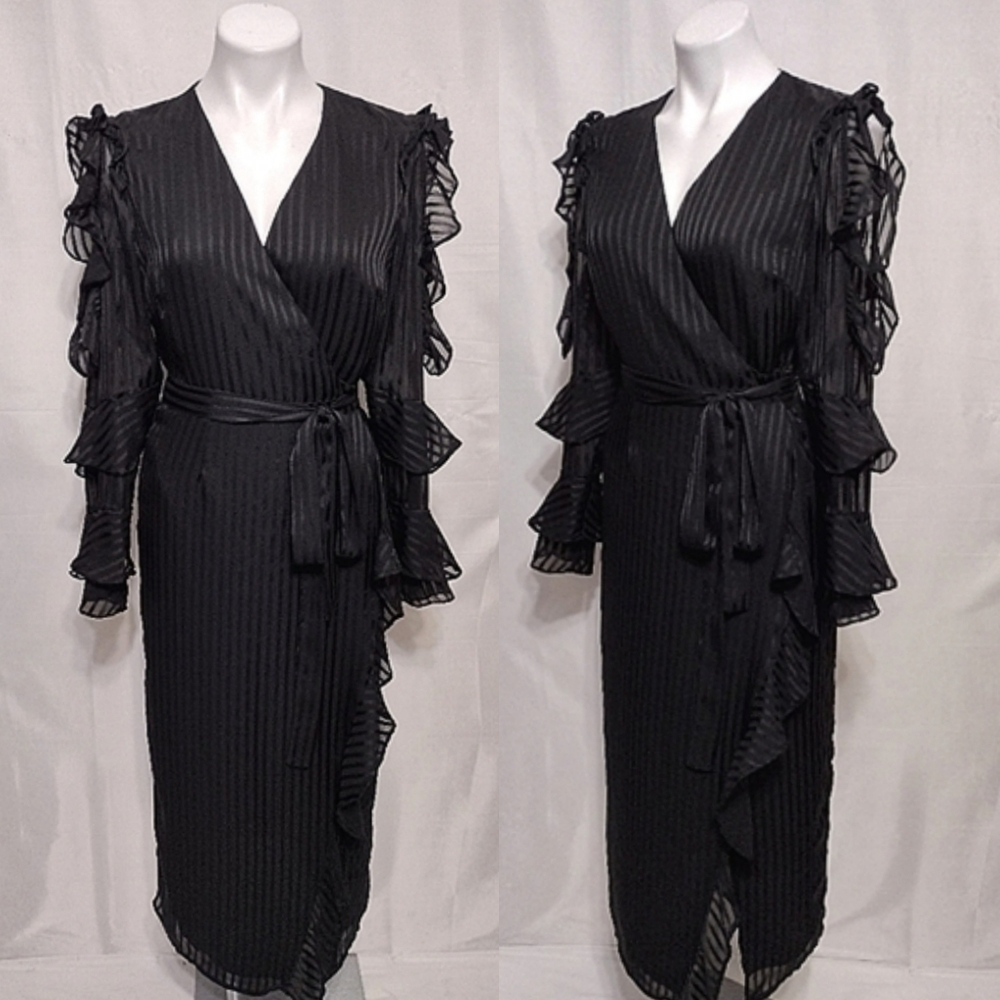 Bardot Damask Stripe Ruffled Cold Shoulder Wrap Midi Dress Elegant Edgy Glam 8
